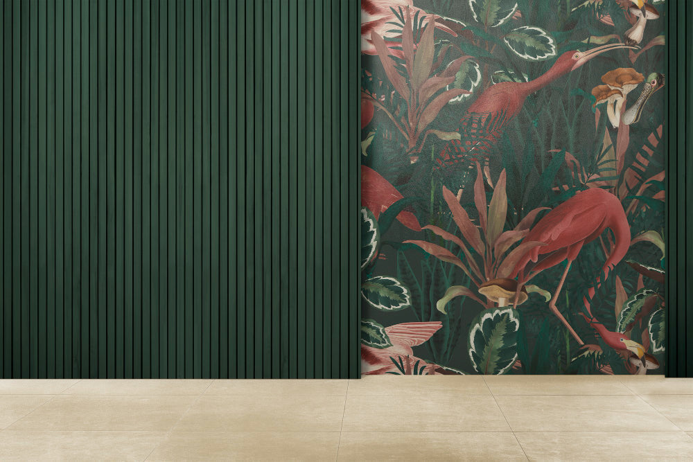 Decorative green wood feature wall combined with botanical wallpaper for a modern contrast.