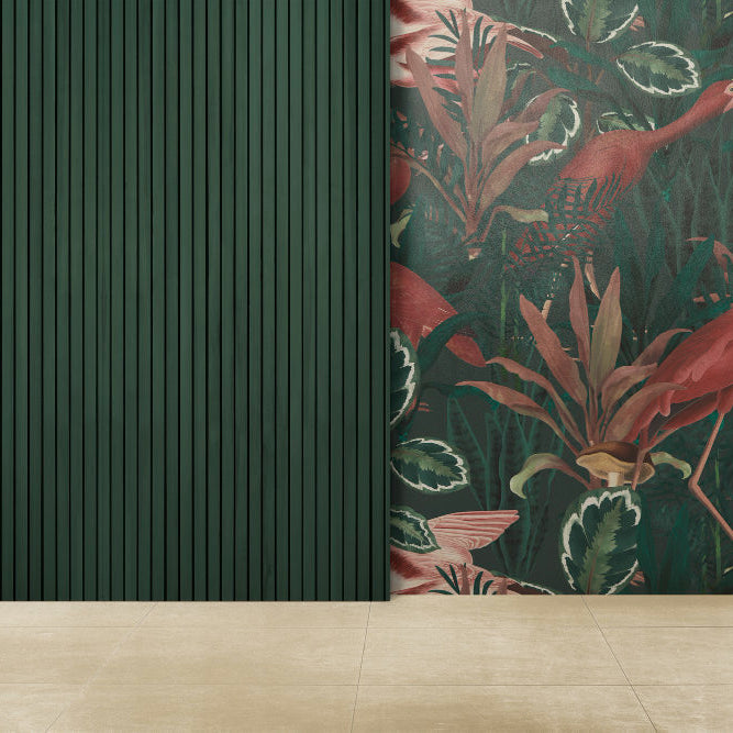 Decorative green wood feature wall combined with botanical wallpaper for a modern contrast.
