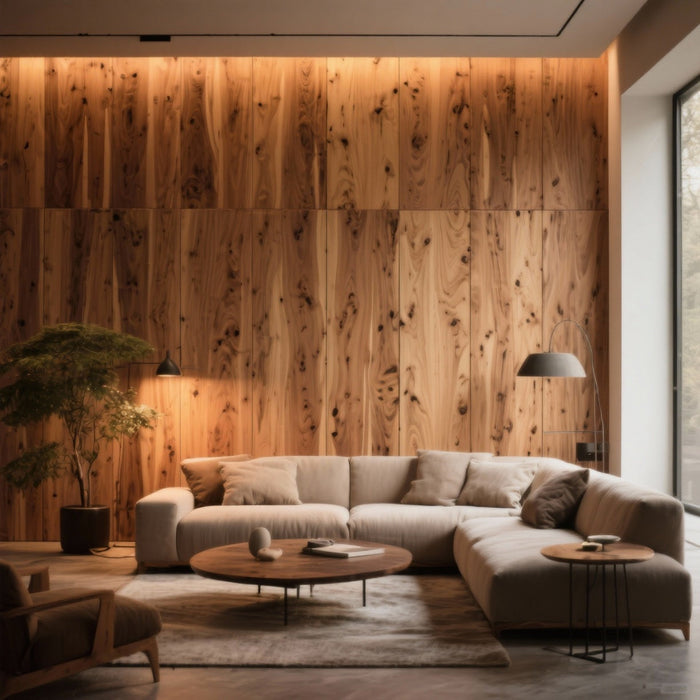 Modern living room with natural wood wall panels showcasing elegant grain texture and warm lighting.