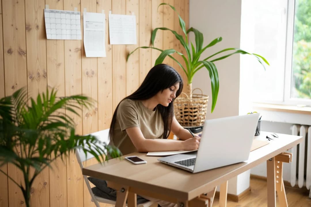 Home office with natural wood panel feature wall and a woman working at a desk near window light.