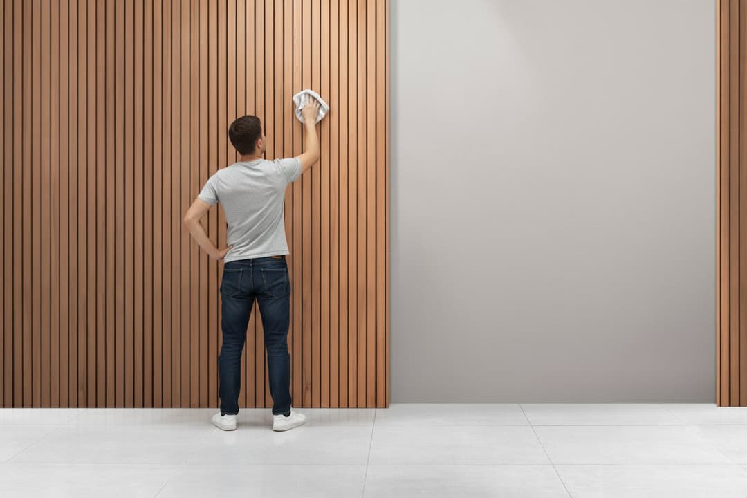 Man cleaning vertical wood slat feature wall in a modern white interior.