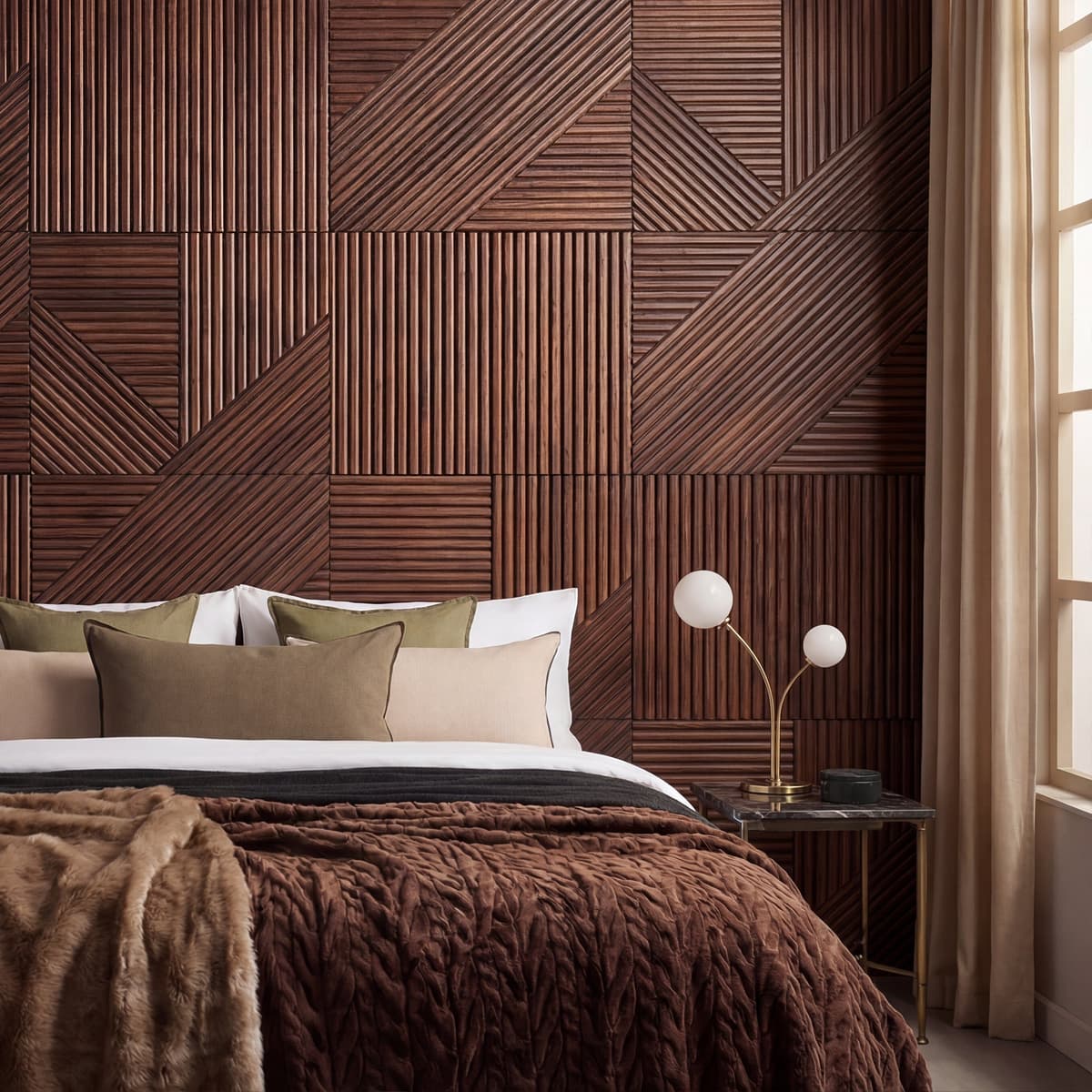 Crossing lines geometric wood wall panel in walnut