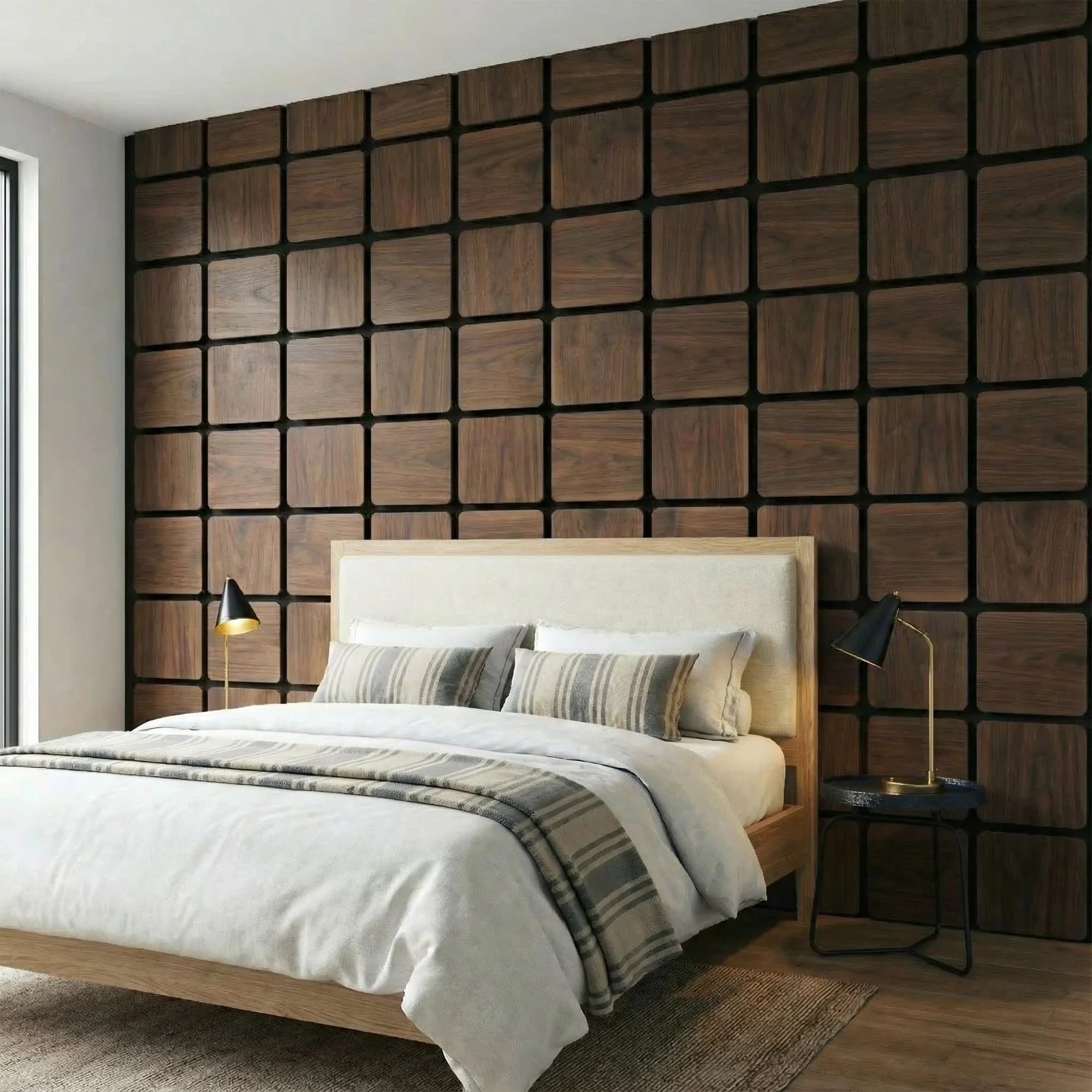 Walnut square wood wall panels behind a bed