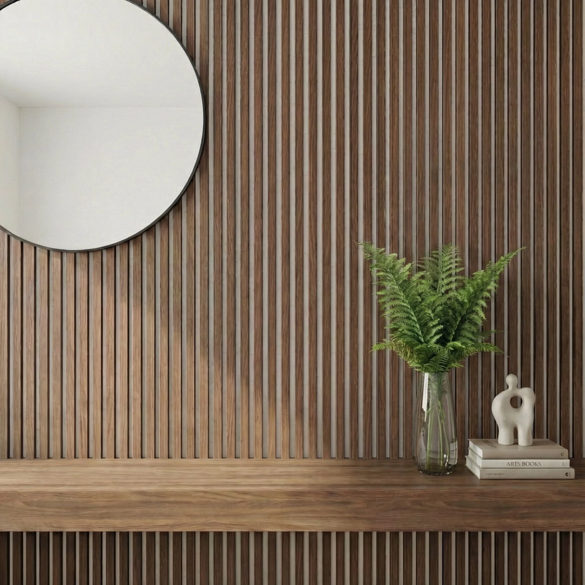 Smoked oak acoustic slat wall behind a beige sofa and gold floor lamp