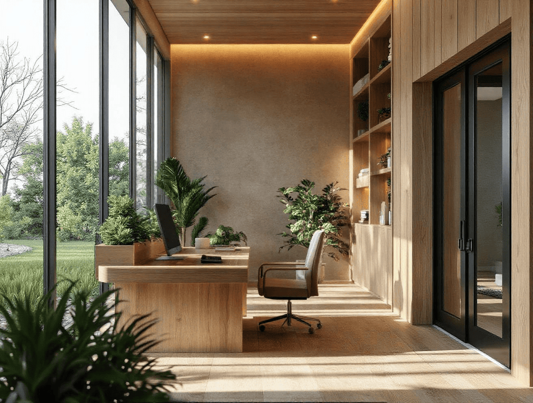 Modern office with wooden walls, large windows letting in natural light, and greenery adding a touch of freshness to the space.