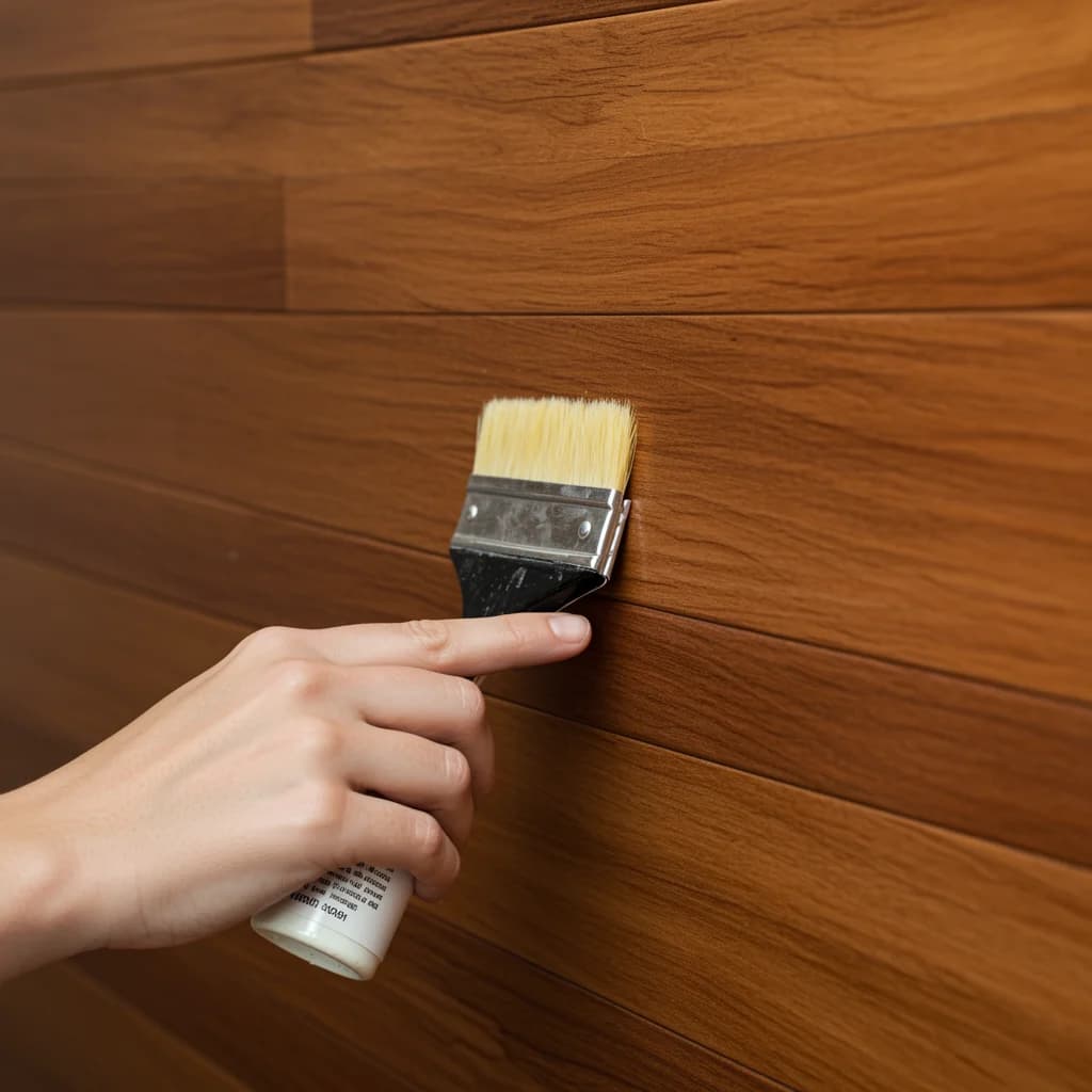 Applying natural wood polish to wall panels to enhance shine and protect the surface.