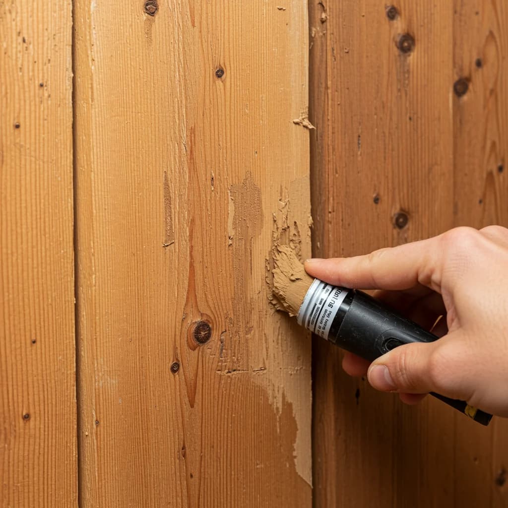 Using wood filler to repair cracks and scratches on a wooden wall panel.