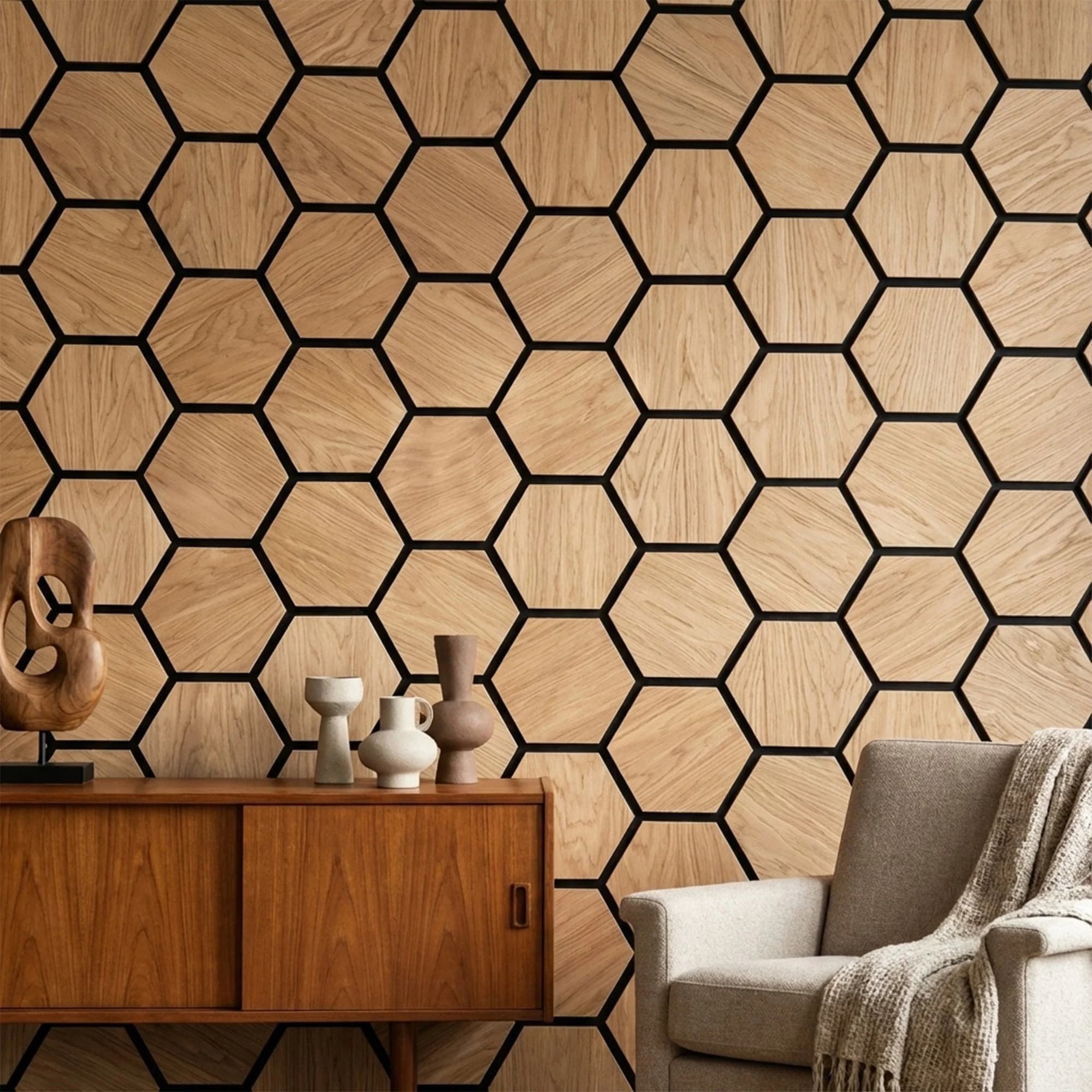 Acoustic Hexagon Wood Wall Panels in Natural Oak — view 1