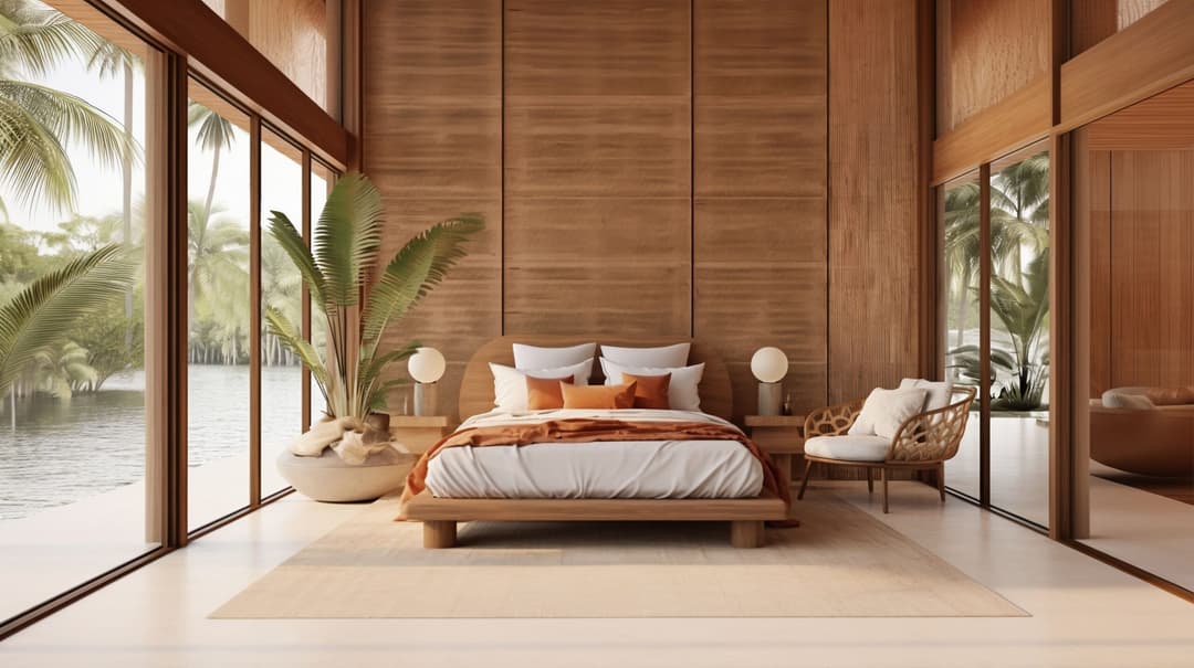 Modern bedroom with a wooden accent wall, large windows offering a scenic view, and a cozy bed with warm-toned bedding and pillows