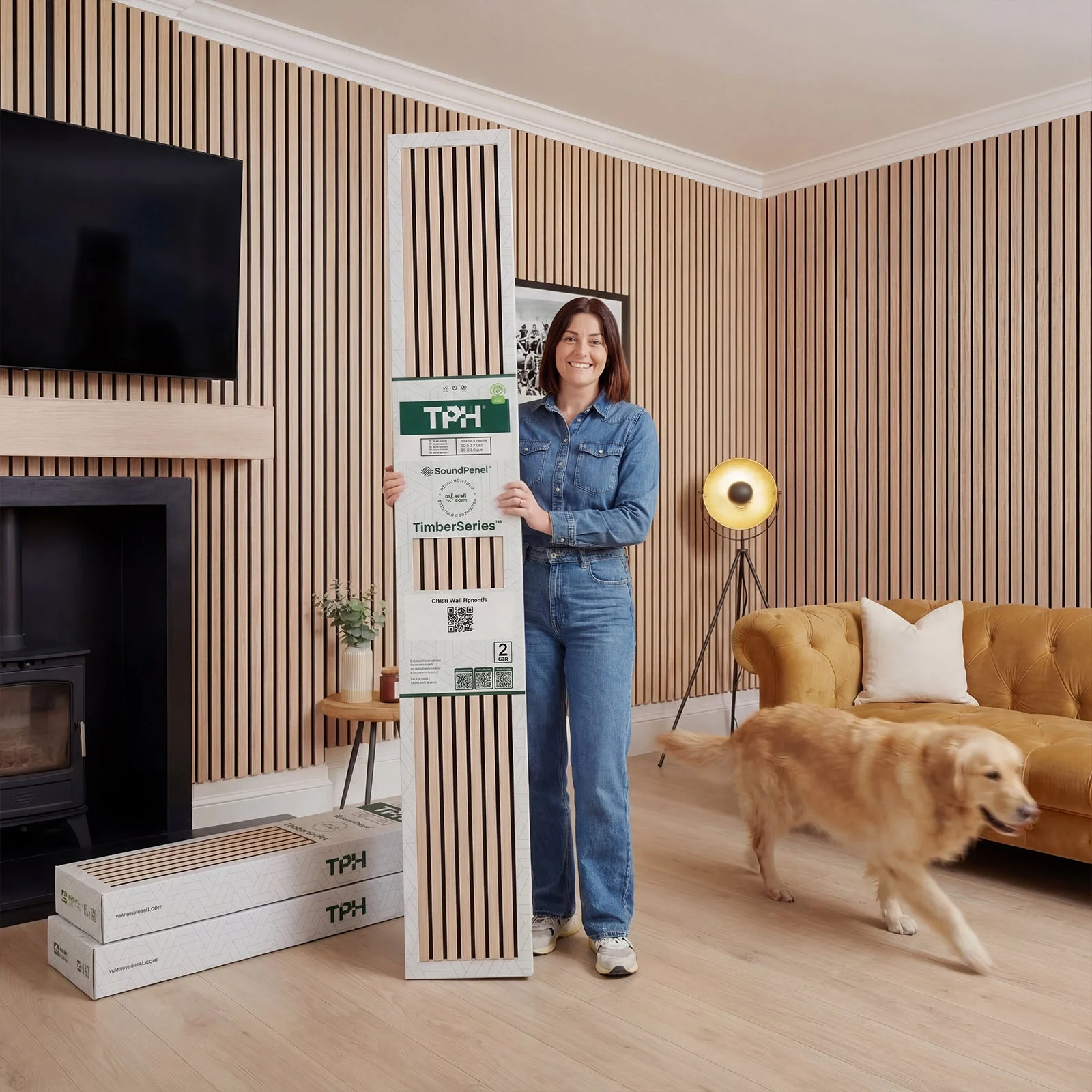 Decorative wood wall panels in a living room