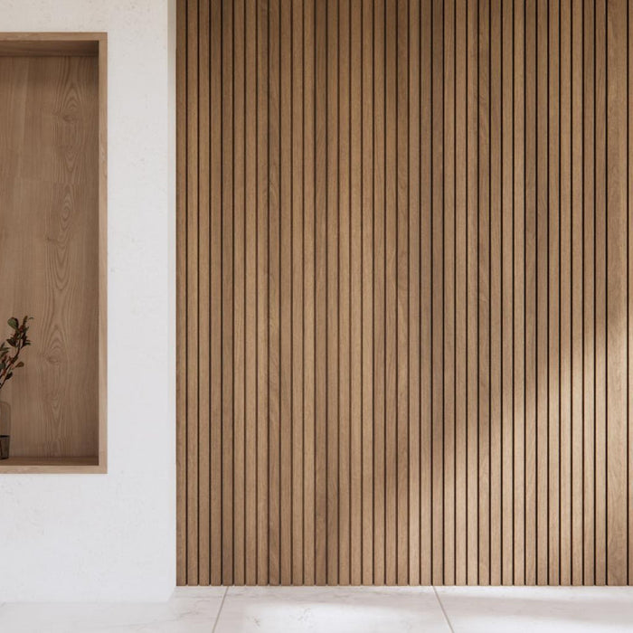 Interior design featuring a vertical wood panel accent wall and a built-in shelf with decorative items like vases and an umbrella holder.