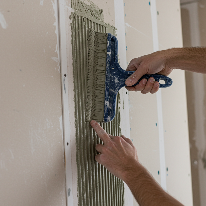 Applying construction adhesive on a wall before installing MDF panels.