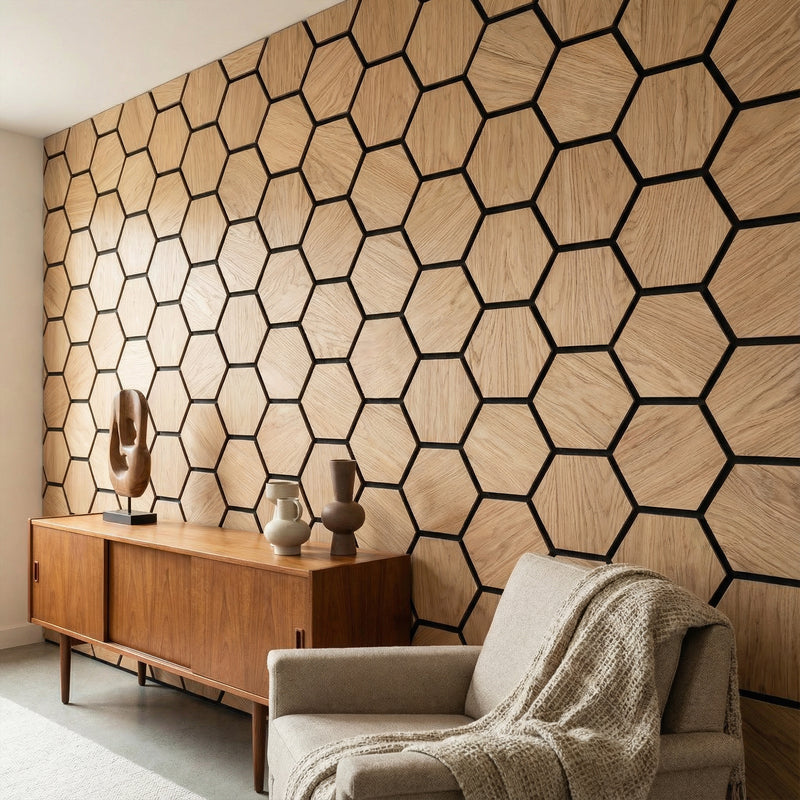Acoustic Hexagon Wood Wall Panels in Natural Oak — view 3