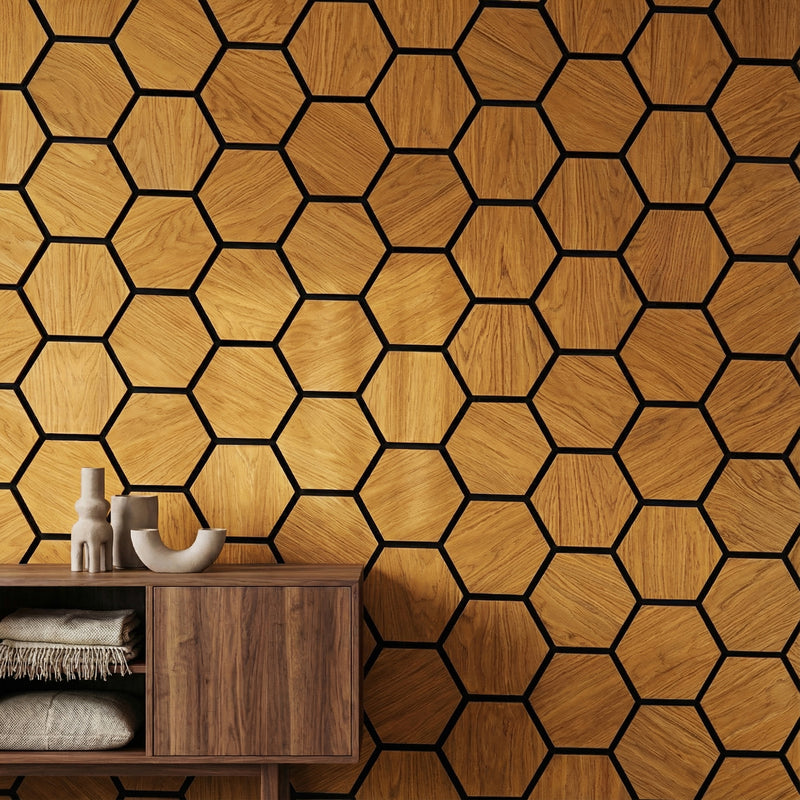 Acoustic Hexagon Wood Wall Panels in Golden Walnut — view 1