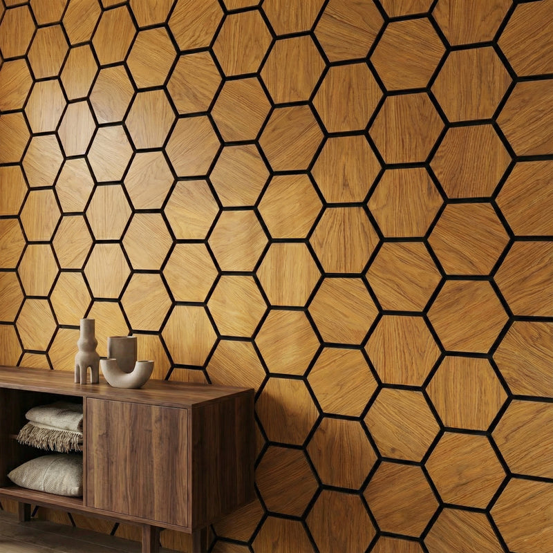 Acoustic Hexagon Wood Wall Panels in Golden Walnut — view 3