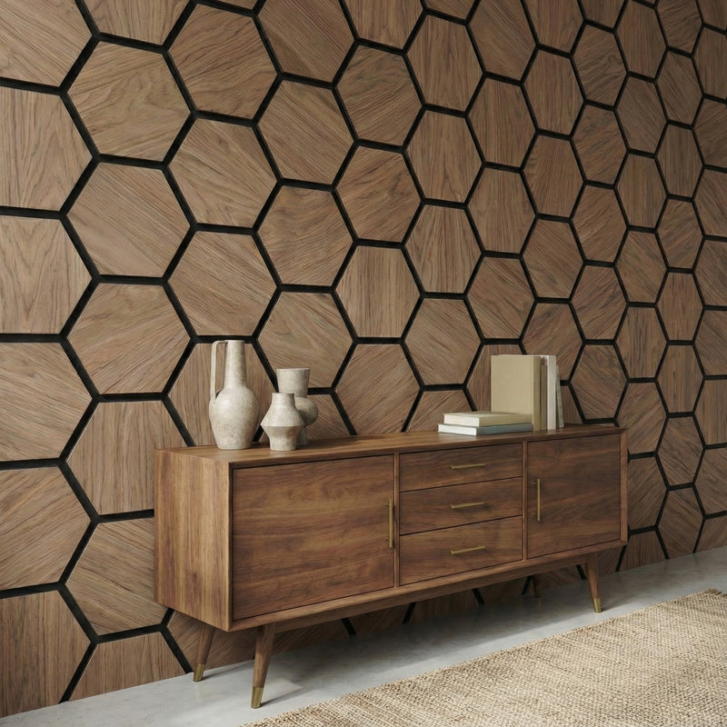 Acoustic Hexagon Wood Wall Panels in Walnut — view 3