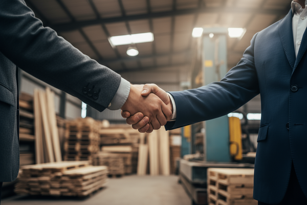 Two professionals shaking hands in wood warehouse